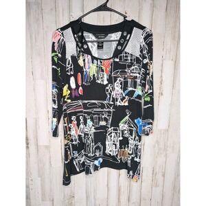 Ali Miles Women's Abstract Print Tunic‎ Top Sz Petite Medium Black  AOP Fashion